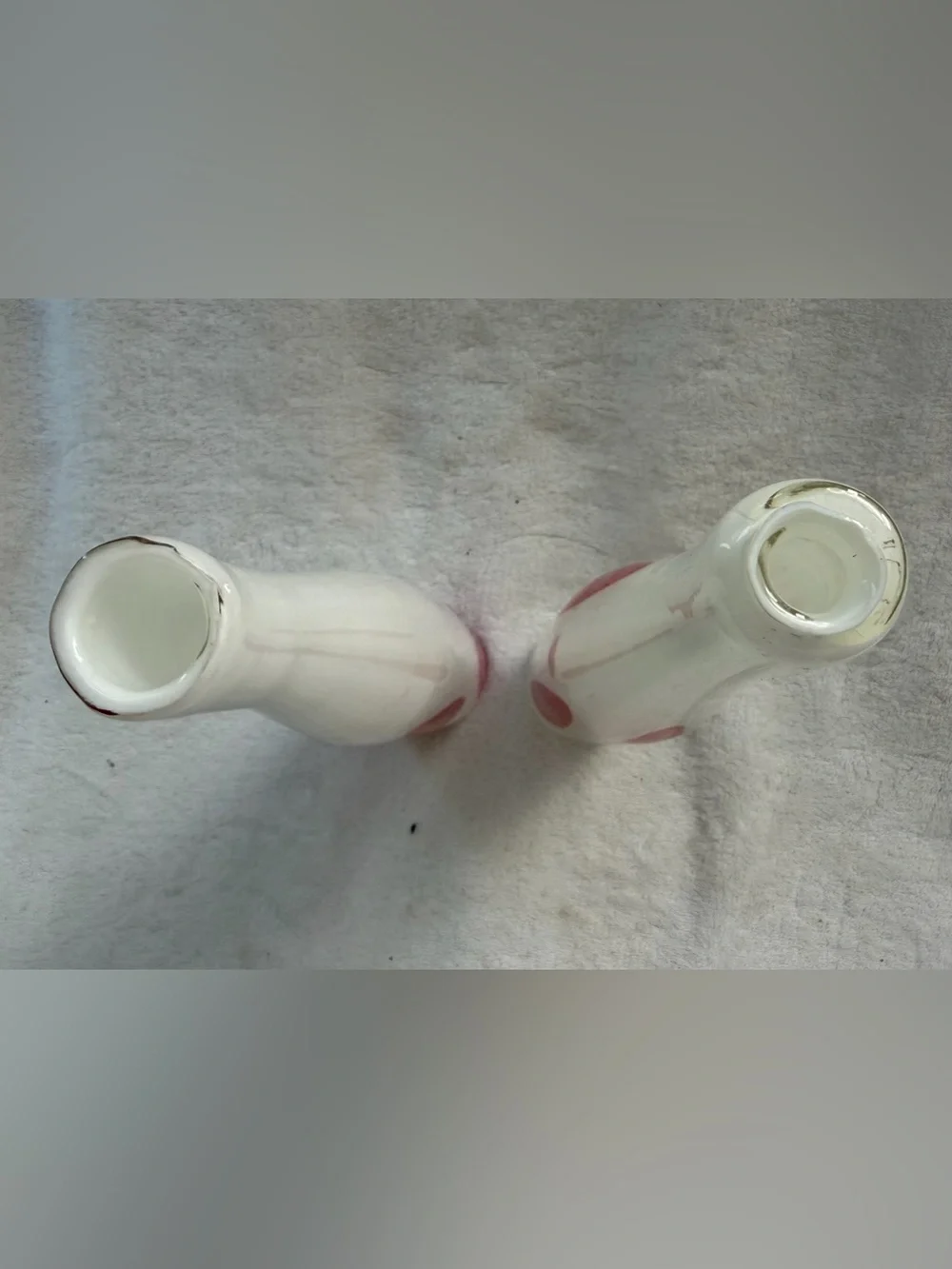 2 Vintage Murano Hand-Blown Art Glass Vases White Base Red Pulled Cane Dots